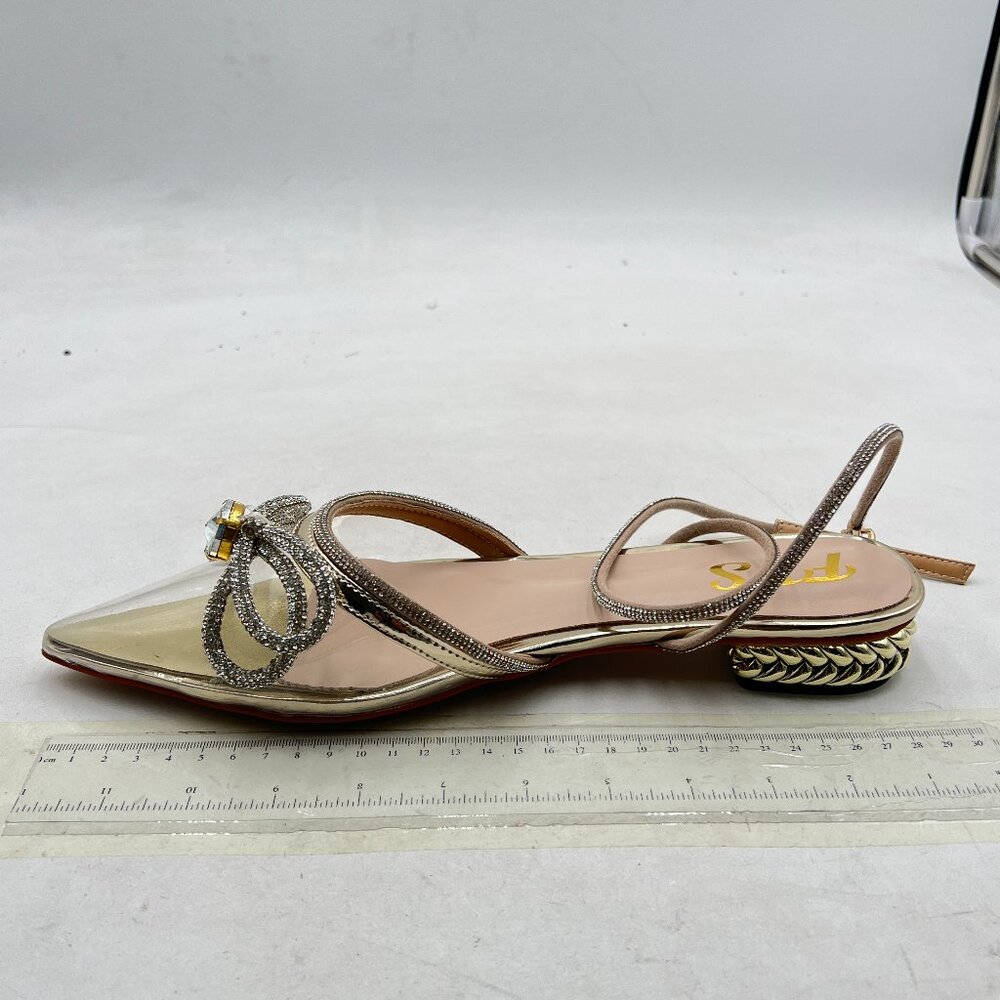 FYS Gold Pointed Toe Slingback Clear Block Low Heels Sparkly Rhinestone Sandals - Picture 2 of 8